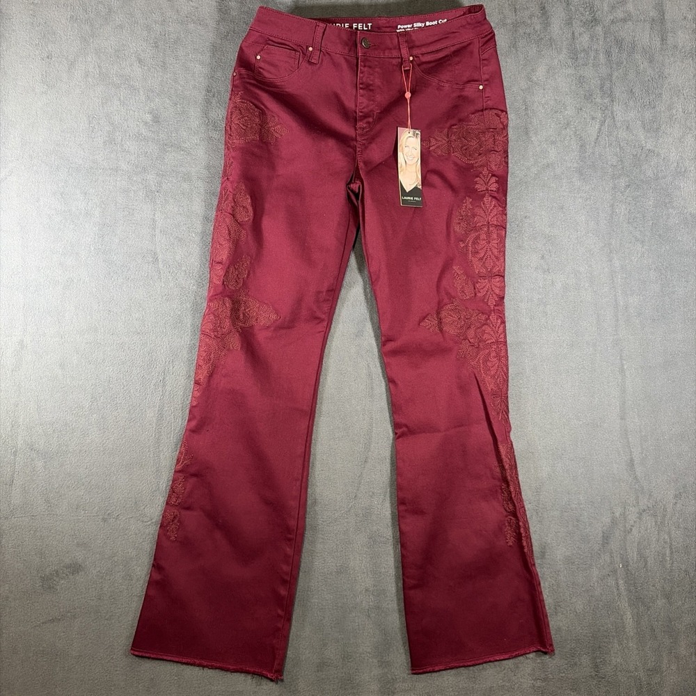 Laurie Felt Power Silky Boot Cut Jeans Sz M Burgundy Fray Hem Embroidered NWT